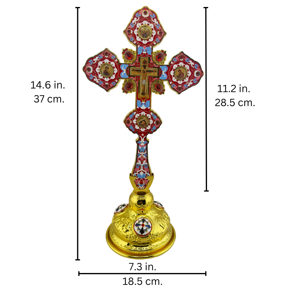 Orthodox Altar Cross In Gilding With Colored Enamel (Stand Optional) Orthodox Altar Cross In Gilding With Colored Enamel (Stand Optional)